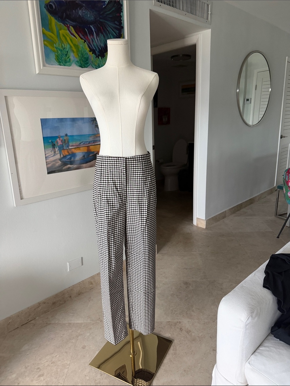 Zara Black and White Gingham Straight-Leg Trousers